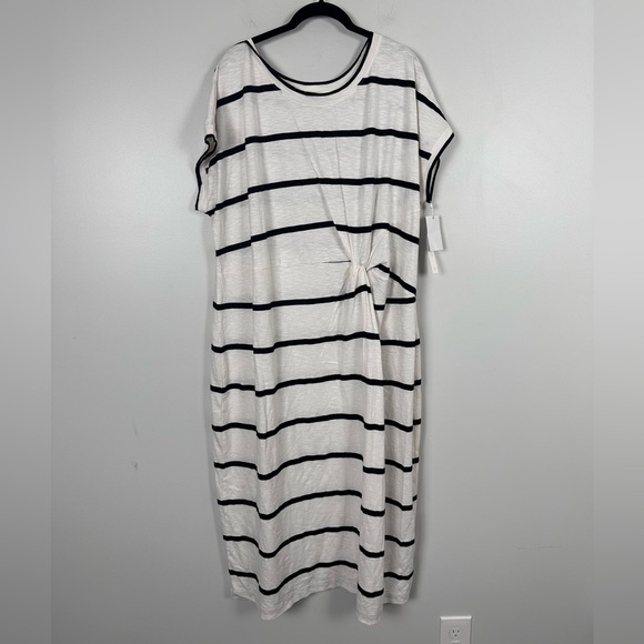 CASLON Twist Waist Organic Cotton Midi T-Shirt Dress - Ivory Cloud- Black Stripe - Picture 5 of 8